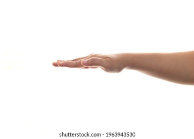 Person Hand In Straight Push Down Or Hold Gesture, Side View, Iolated On White