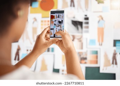 Person hand taking picture of fashion designer moodboard, creative inspiration and planning a social media post. Artist or digital influencer photography, smartphone screen and clothes blog aesthetic - Powered by Shutterstock