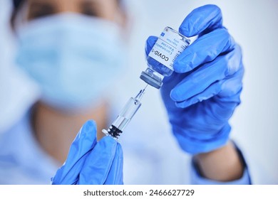 Person, hand and vaccine bottle with needle for treatment or control for virus, disease and liquid vial. Female medical worker, booster and shot for immunization, prevention and cure for covid 19. - Powered by Shutterstock