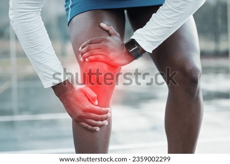 Person, hands and knee injury in sports accident, training or muscle inflammation from outdoor workout. Closeup of athlete with leg pain, joint ache or arthritis after running, exercise or cardio