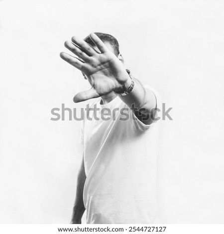 Similar – Image, Stock Photo mystical portrait of a young man: female hands on his face