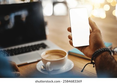 Person, hands and phone screen with coffee at cafe for online connection, network or advertising. Closeup, customer or freelancer with mobile smartphone display or mockup space for review or app - Powered by Shutterstock - Get 15% off with code: PIKWIZARD15