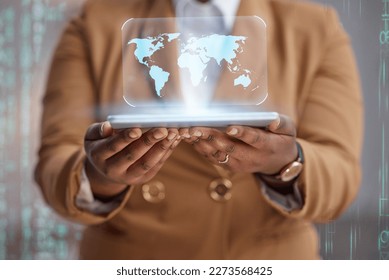 Person hands, tablet and map hologram for worldwide connection, global data and cybersecurity software development. 3D holographic, digital world or planet of business woman in futuristic app overlay