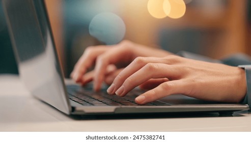 Person, hands and typing on laptop in office for email, spreadsheet and proposal or application for work. Woman, online and technology with bokeh for task or drafting, writing notes and report. - Powered by Shutterstock