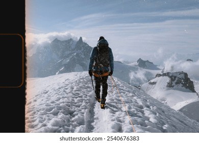 A person hiker hiking on a snowy mountain peak, wearing winter gear. The hiker is surrounded by winter snow, mountains, and a clear sky, showcasing adventure and exploration. - Powered by Shutterstock