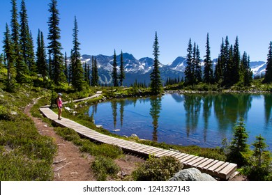 Person hiking around Whistler mountain in the summer months with Blackcomb in the background