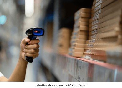 A person is holding a barcode scanner in a store. The shelves are full of boxes and the person is scanning a barcode - Powered by Shutterstock