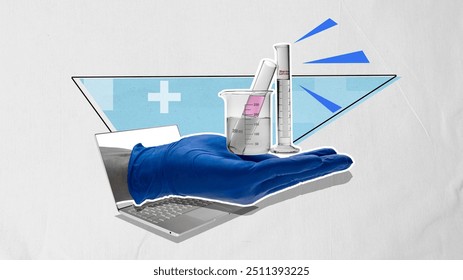 A person is holding a beaker with a liquid in it on a colored background. Science concept. Collage art - Powered by Shutterstock