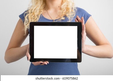 Person Holding Blank Screen Tablet In Hands