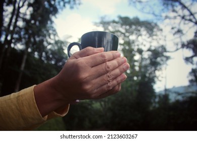 Person Holding Cup Of Tea Or Coffee In Hands. Woman With Glass Of Water In Hand. On Green Nature Park Background. Relax And Breaking Time Concept.