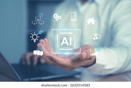 A person holding a glowing AI icon with digital interface graphics, representing artificial intelligence technology, automation, and innovation.