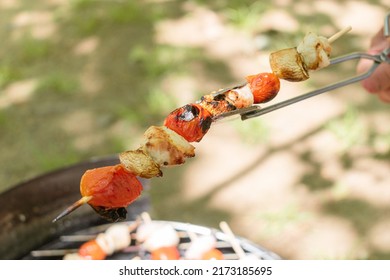 Person Holding Grilled Pineapple And Salmon Skewer With Tongs.