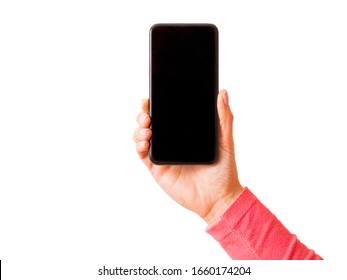 Person Holding In Hand Mobile Phone, Photo Isolated On White