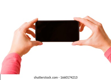 Person Holding In Hands Smartphone And Taking Picture Or Recording Video, Photo Isolated On White Background