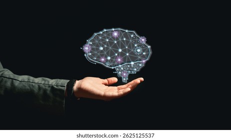 Person holding holographic digital brain above hand symbolizing artificial intelligence neural network and data innovation technology
