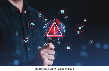 Person holding magnifying glass showing digital warning icon, futuristic interface style on dark background, concept of cybersecurity threat detection