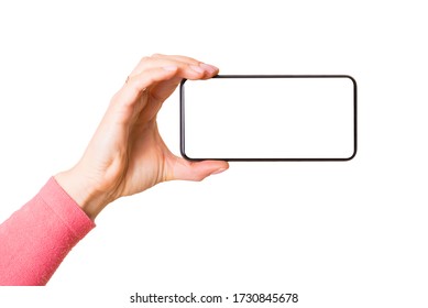 Person holding mobile phone with empty white screen horizontally, photo isolated on white background - Shutterstock ID 1730845678
