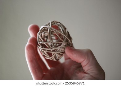 person holding up natural bamboo wicker vine ball texture decor simple minimalist isolated background - Powered by Shutterstock