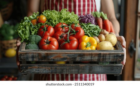 A person holding an open box of fresh vegetables and fruits, including tomatoes, lettuce, beets, lemons, asparagus, carrots, potatoes, green beans in the kitchen door. - Powered by Shutterstock