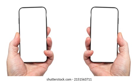 Person Holding A Pair Of Mobile Cell Phones Plain Background Cutout