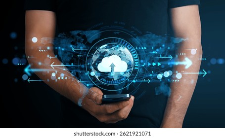 Person holding phone with glowing cloud icon and digital arrows overlay, on dark background, symbolizing cloud computing and data technology