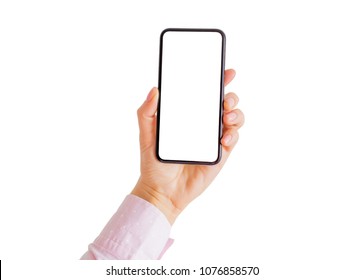 Person Holding Phone In Hand With Empty White Screen. Mobile App Mockup.