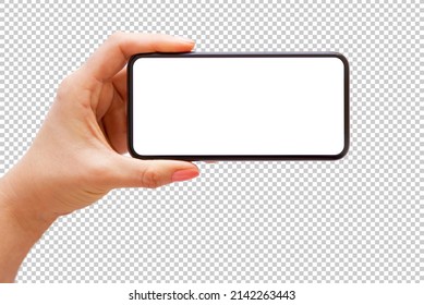 Person holding phone horizontally in one hand, mockup for phone camera. Transparent pattern background.