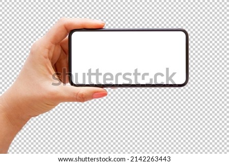 Person holding phone horizontally in one hand, mockup for phone camera. Transparent pattern background.