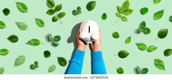 Person holding a piggy bank with green leaves - flat lay