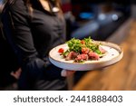 Person holding a plate of gourmet salad with seared tuna. The image captures the art of fine dining and beautifully presented dish