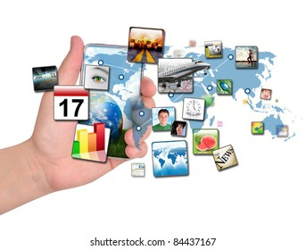 A person is holding a smart phone isolated with a map of the Earth and various apps coming out of the phone. Use it for a communication concept.