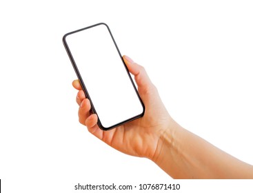 Person holding smartphone with blank white screen. Mobile app mockup.