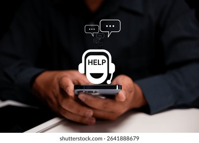 A person holding a smartphone with a digital help icon and chat bubbles representing customer support or technical assistance