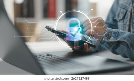 Person holding smartphone with digital lock icon, cybersecurity and secure mobile access concept