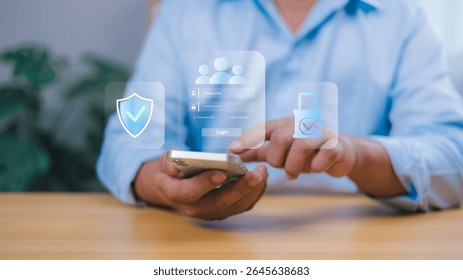 Person holding a smartphone interacts with a transparent overlay showing a login screen with security icons shield, padlock, user profiles. Online security, data protection, and user authentication.