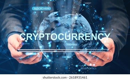 Person holding tablet with digital cryptocurrency interface, global map, and blockchain network on abstract futuristic background, finance concept