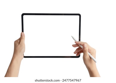 A person holding a tablet and a pen. The tablet is empty and the pen is in their hand - Powered by Shutterstock