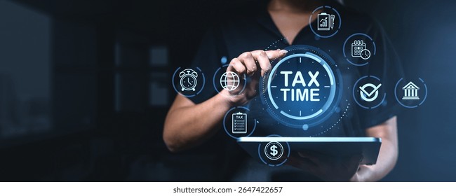 Person holding tablet with Tax Time digital interface icons, modern flat style, on dark office background. Concept of finance, taxation, planning