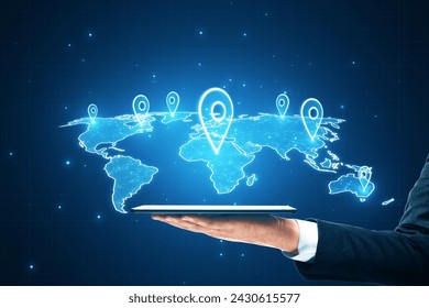 A person holding a tablet that displays a digital world map with location pins, symbolizing global connectivity and technology - Powered by Shutterstock