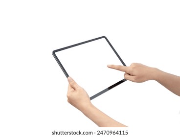 A person is holding a tablet with a white screen and pointing to the right. Concept of focus and direction, as the person is actively engaging with the device. The tablet could be a smartphone, tablet - Powered by Shutterstock