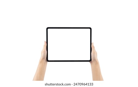 A person is holding a tablet with a white screen. The tablet is empty and the person is holding it in their hand - Powered by Shutterstock