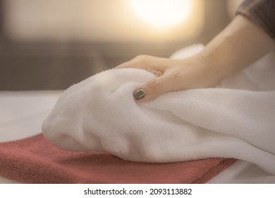 Person Holding Towel. Hygiene And Hand Care 