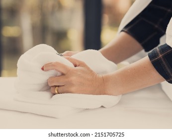 Person Holding Towel. Hygiene And Hand Care 