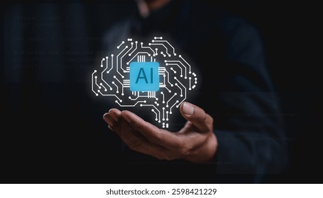 A person holds a glowing, circuit-patterned representation of a brain, symbolizing artificial intelligence and technology.