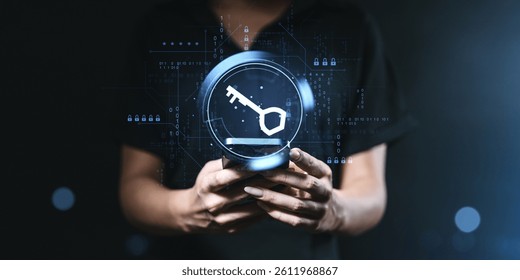 Person holds smartphone with glowing key icon and digital lock graphics, on dark background, symbolizing cybersecurity and password protection