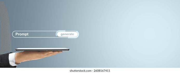 A person holds a tablet with a glowing prompt and generate button interface, minimal tech style on a light background, symbolizing digital innovation