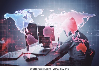 A person in a hooded sweatshirt working on multiple computers with a digital world map overlay on a grid background, representing global cyber threats