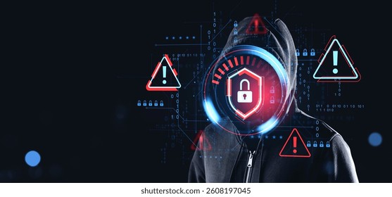Person in hoodie with digital padlock lock and alert icons, futuristic style on dark background, concept of cybersecurity and data breach