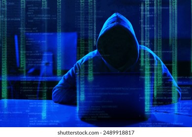 Person, hoodie or hacker with code overlay of cybersecurity problem with coding graphic for cybercrime. Programmer, night and software update on laptop with hacking expert writing algorithm system