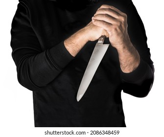 Person in hoodie hairy skin chef holding kitchen knife by two hands white background